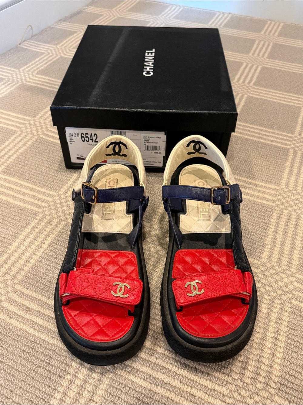 Chanel 22P Sandals Red Black Ivory